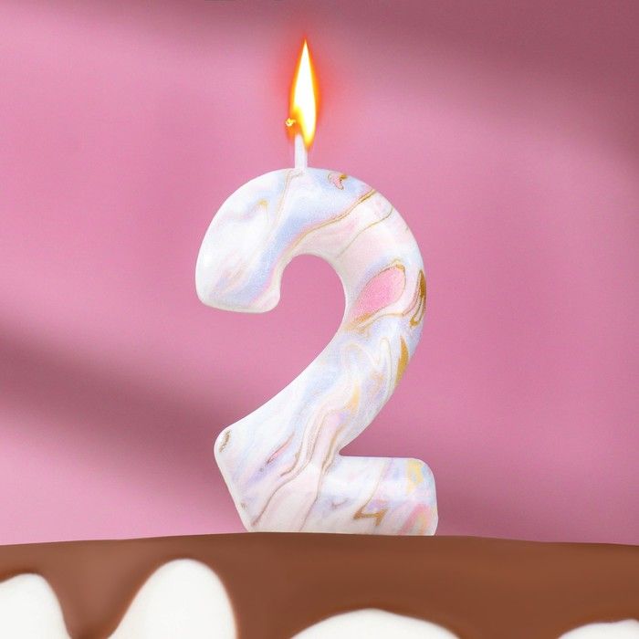 Свеча в торт "Белый мрамор", цифра "2", 5,5см