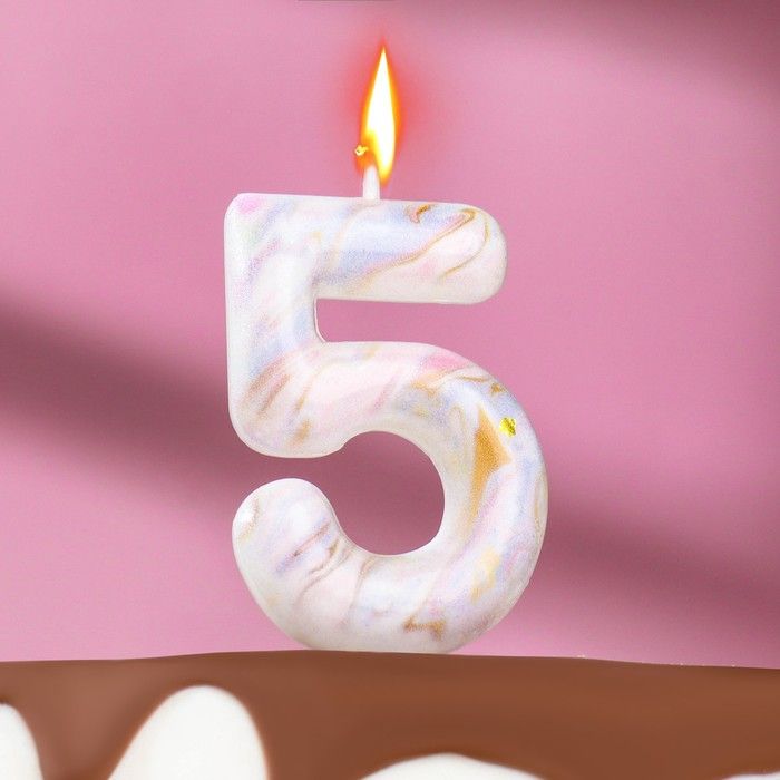 Свеча в торт "Белый мрамор", цифра "5", 5,5см