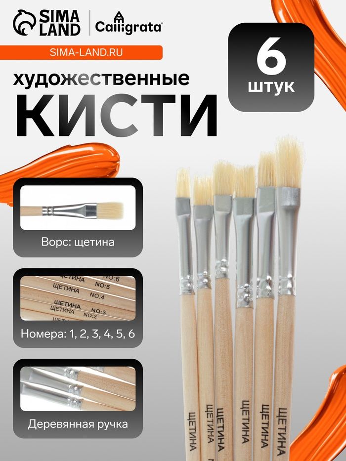 Кисти для рисования, щетина, 6 штук: № 1, 2, 3, 4, 5, 6, дерев. ручка