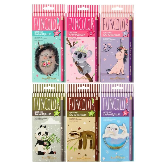 Карандаши 12 цв FunColor, пластиковые, трёхгранные, МИКС