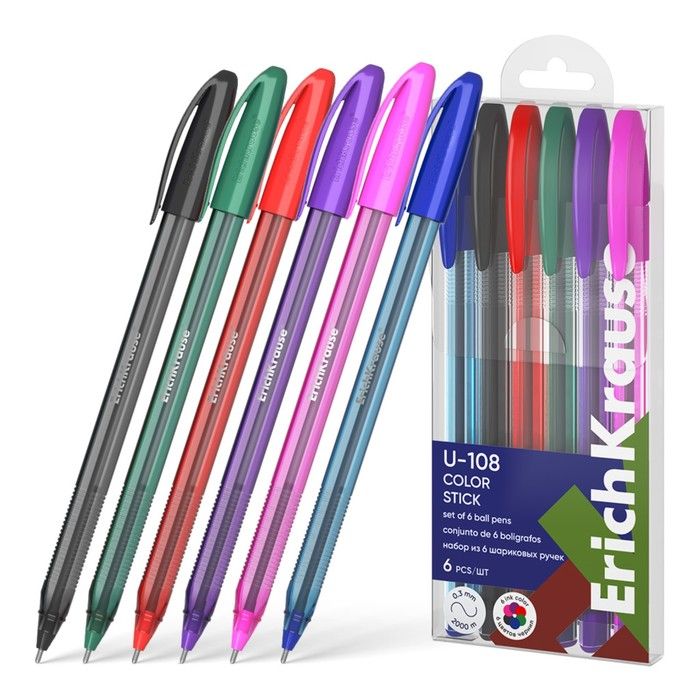 Набор 6 ручек шариковых, ErichKrause, U-108 Stick Color микс