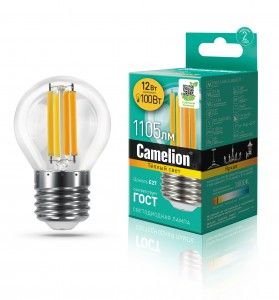 Лампа филамент шар G45 12W Е27 3000K нитевидная б/ц Camelion