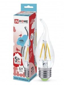 Лампа филамент свеча на ветру 5W Е27 4К нитевидная б/ц IN Home