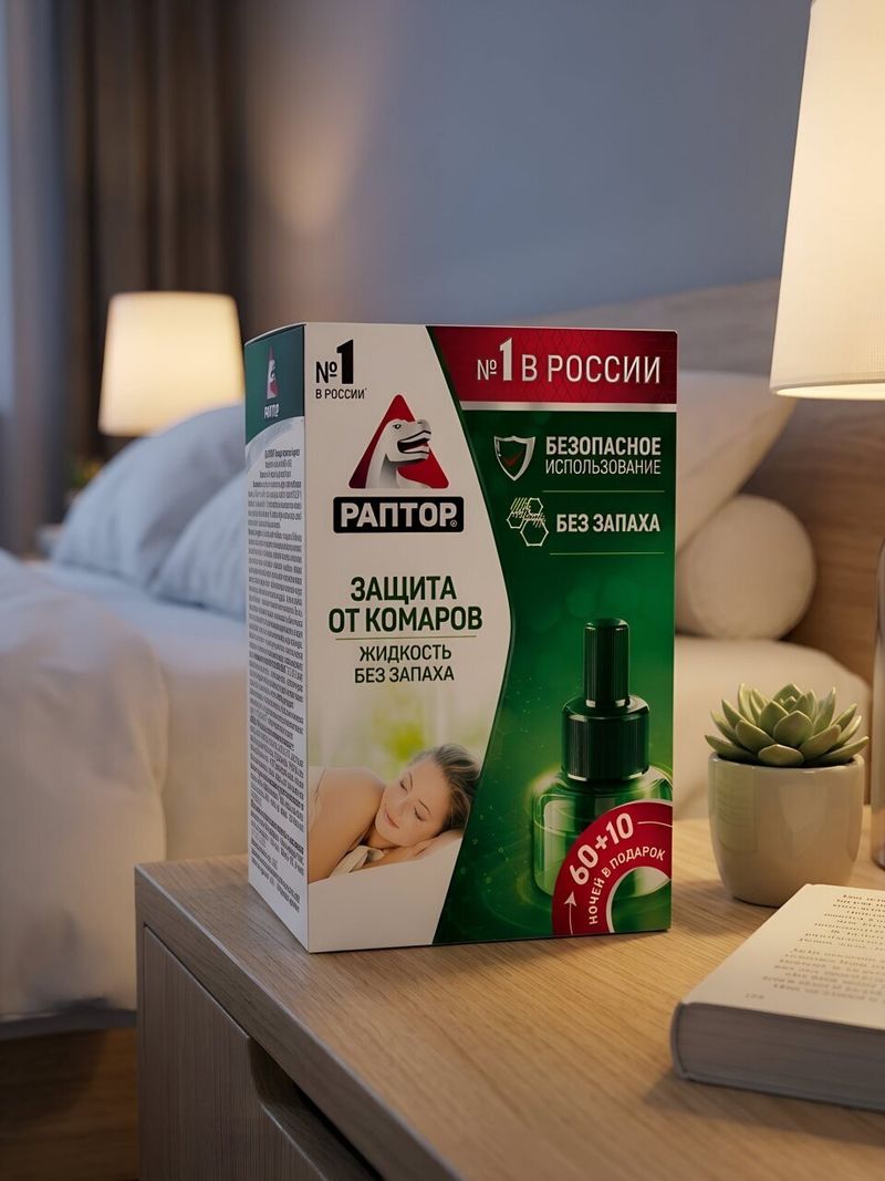 Репеллент от комаров, жидкость, 60 + 10 ночей, Раптор