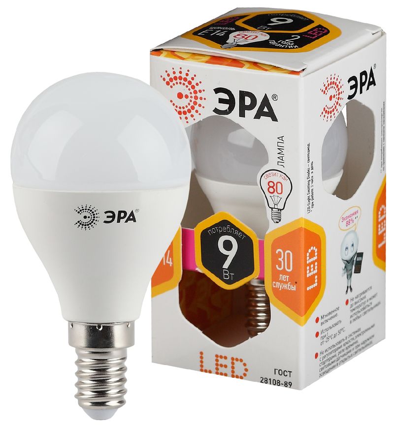 Лампа св. LED 9Вт Е14 тепл.свет шар ЭРА Б0029041