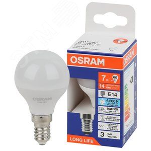 Лампа св LED 7Вт Е14 6500К 600Лм шар 220В OSRAM