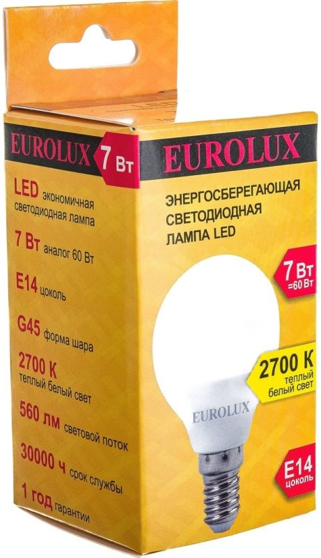 Лампа Свет.LL-E-G45-7W-230-2,7K-E14 EUROLUX 76/2/5