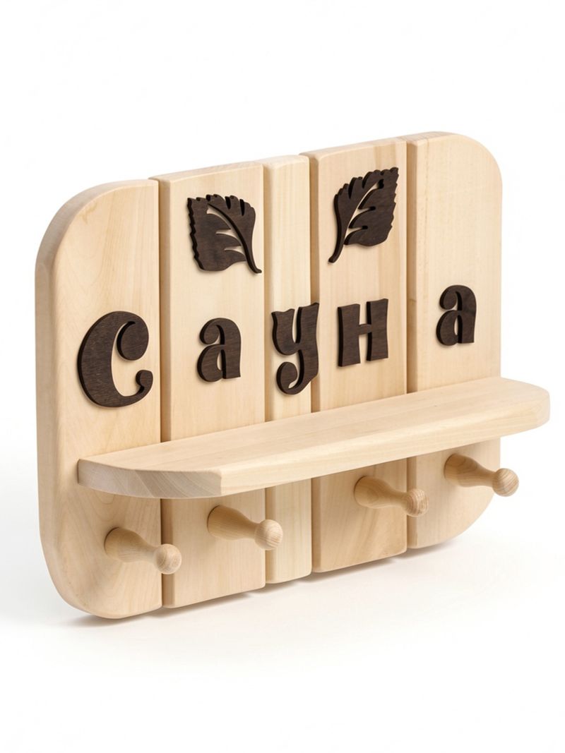 Полка-вешалка для бани и сауны «Сауна», деревян, 4 крючка