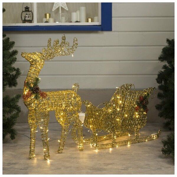 Фигура с/д "Олень с санями, золотой" олень 50см, сани 25*40*16см, 30LED теплое