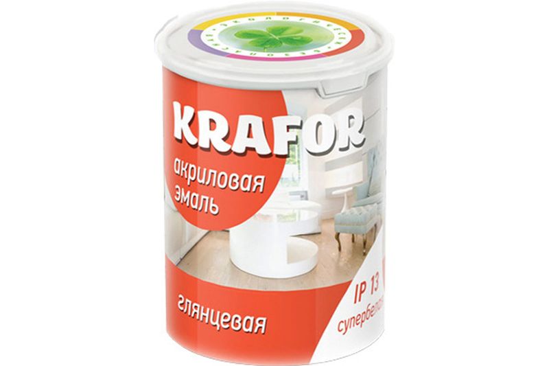 Эмаль акрил унив-я глянцевая супербелая 1 кг КРАФОР (красная)