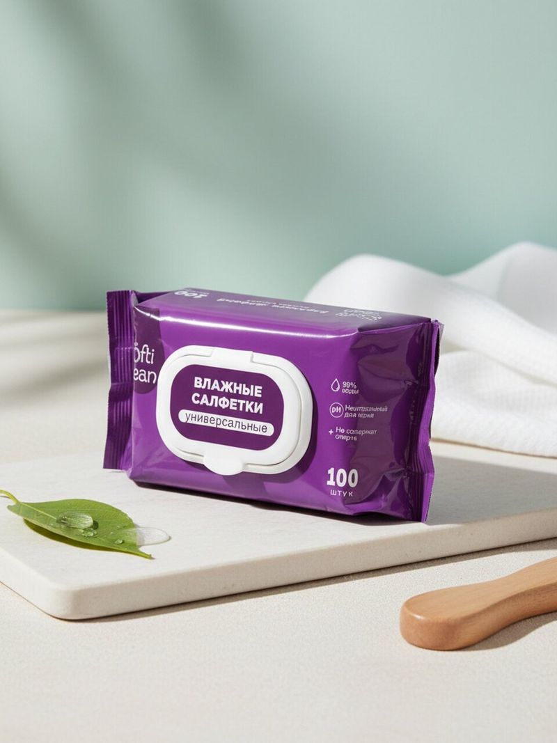 Салфетки влажные Softi Clean, унив 100 шт, с клап, 81358