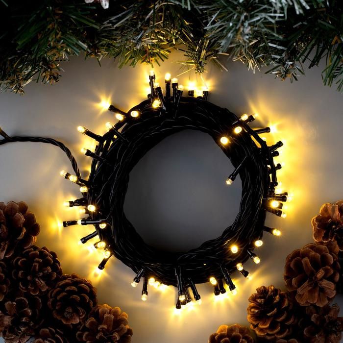 Гирлянда Нить 10м темная нить 100 LED, IP44 8 реж. теплое белое свечение