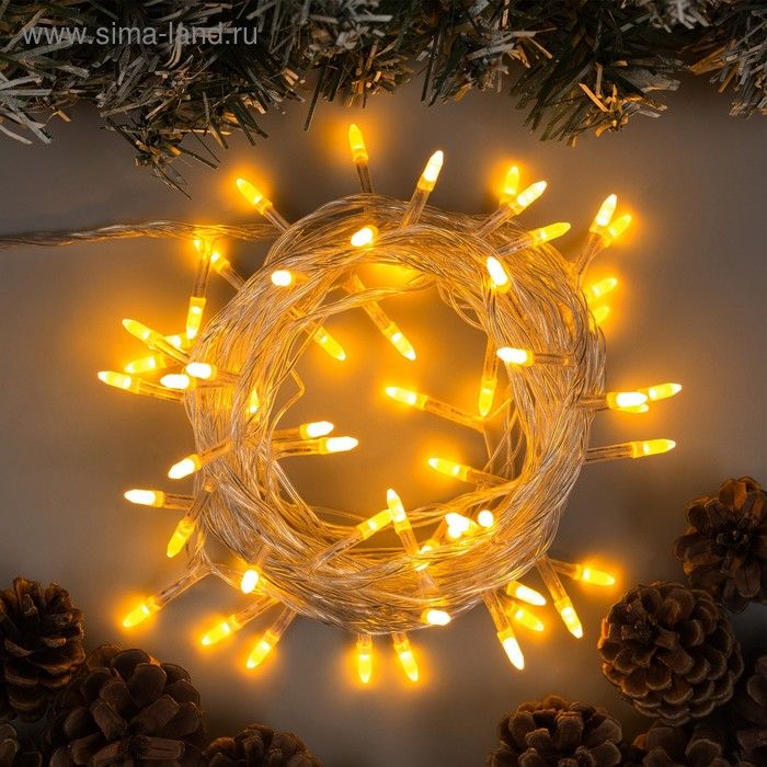 Гирлянда Нить 10м "Игла" прозрач. нить 100Led, 8 реж желтая свеч.