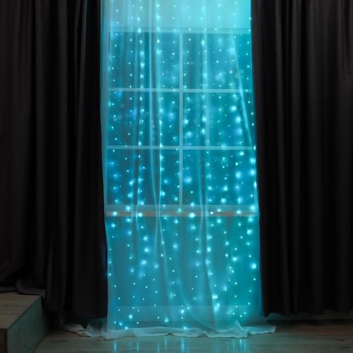 Гирлянда Занавес 2,8*3м, серебр. нить, IP20 300LED, 8 реж., аквамарин свеч. USB.