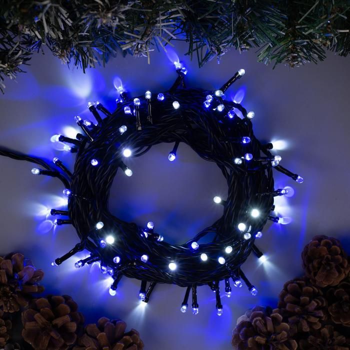 Гирлянда Нить 10м темная нить 100 LED бело-синее свеч., мигание.